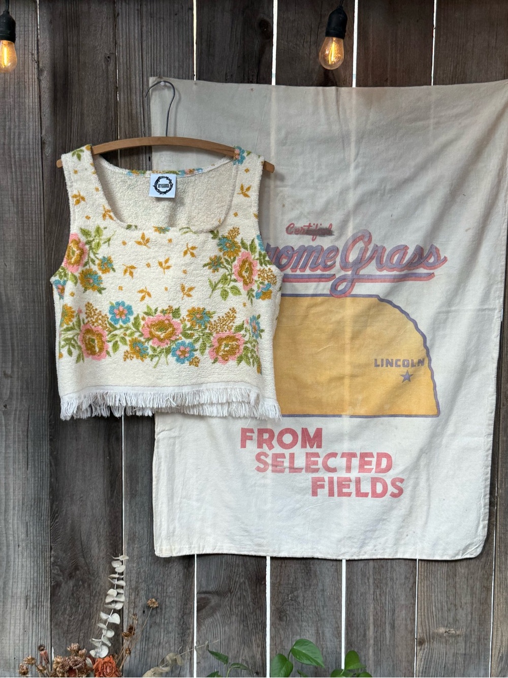 Handmade towel top Boho Floral Cropped Tank Top — Cream with Rose & Blue Accents
